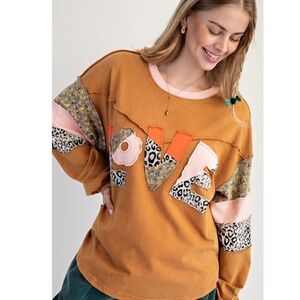 "The Freya" Camel LOVE Patch Front Washed Pullover